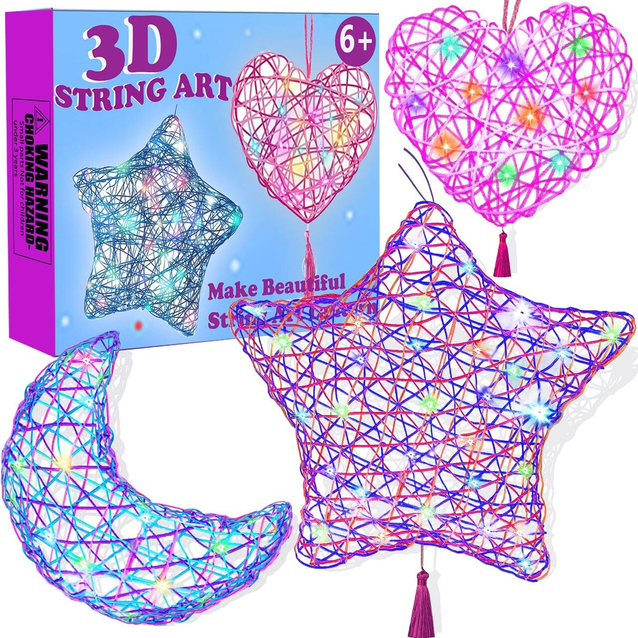 3D String Art Kits Crafts for Kids Make String Lantern with 20 Colored LED Bulbs